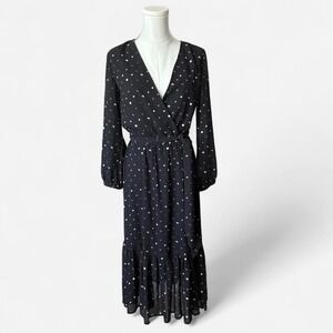 Black and white polka dot maxi dress with long sleeves and V-neck